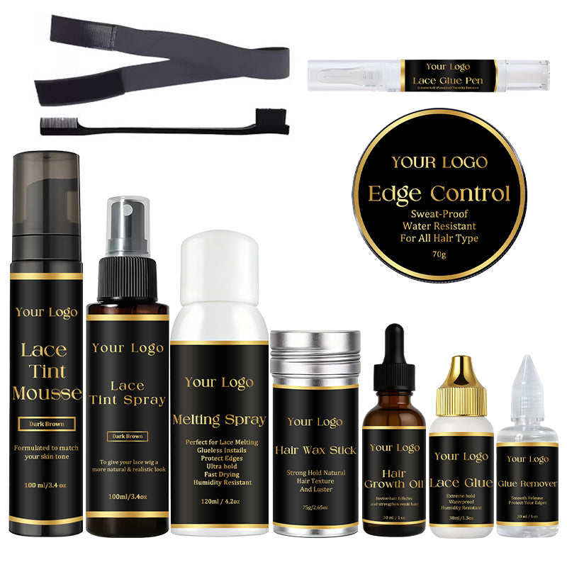 Custom Logo Wig Glue Waterproof Wax Stick Melting Spray Edge Control Hair Growth Oil Lace Tint Spray Mousse Wig Install Kit