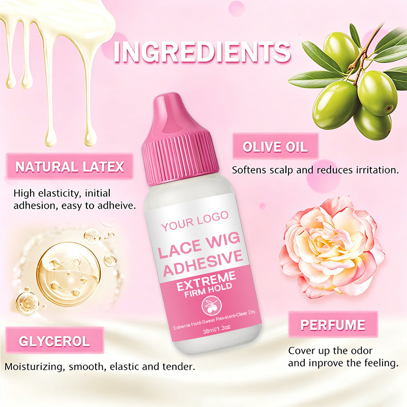 38ml Lace Glue Waterproof Strong Hold Invisible Pink Cap Hair Adhesive for Wigs Lace Frontal Toupee Private Label Wig Glue