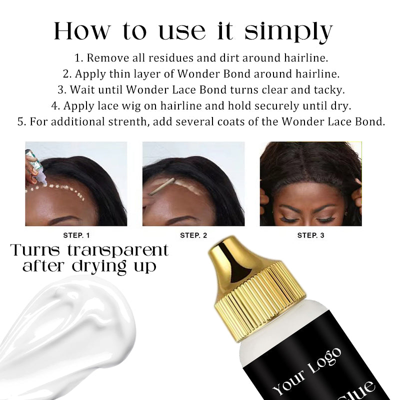 Wholesale 38ml/1.3oz Front Lace Wig Glue Waterproof Strong Hold Custom Logo Gold Lid Hair Glue Adhesives Remover