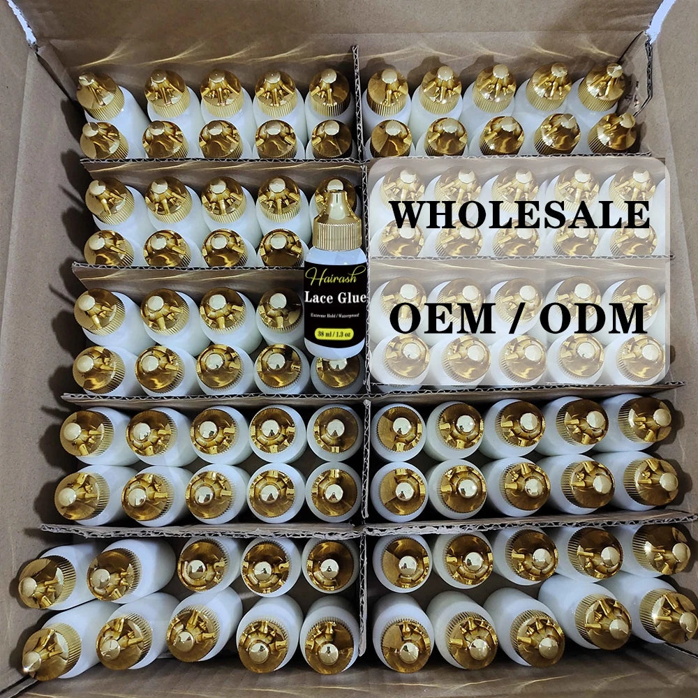 Wholesale 38ml/1.3oz Front Lace Wig Glue Waterproof Strong Hold Custom Logo Gold Lid Hair Glue Adhesives Remover