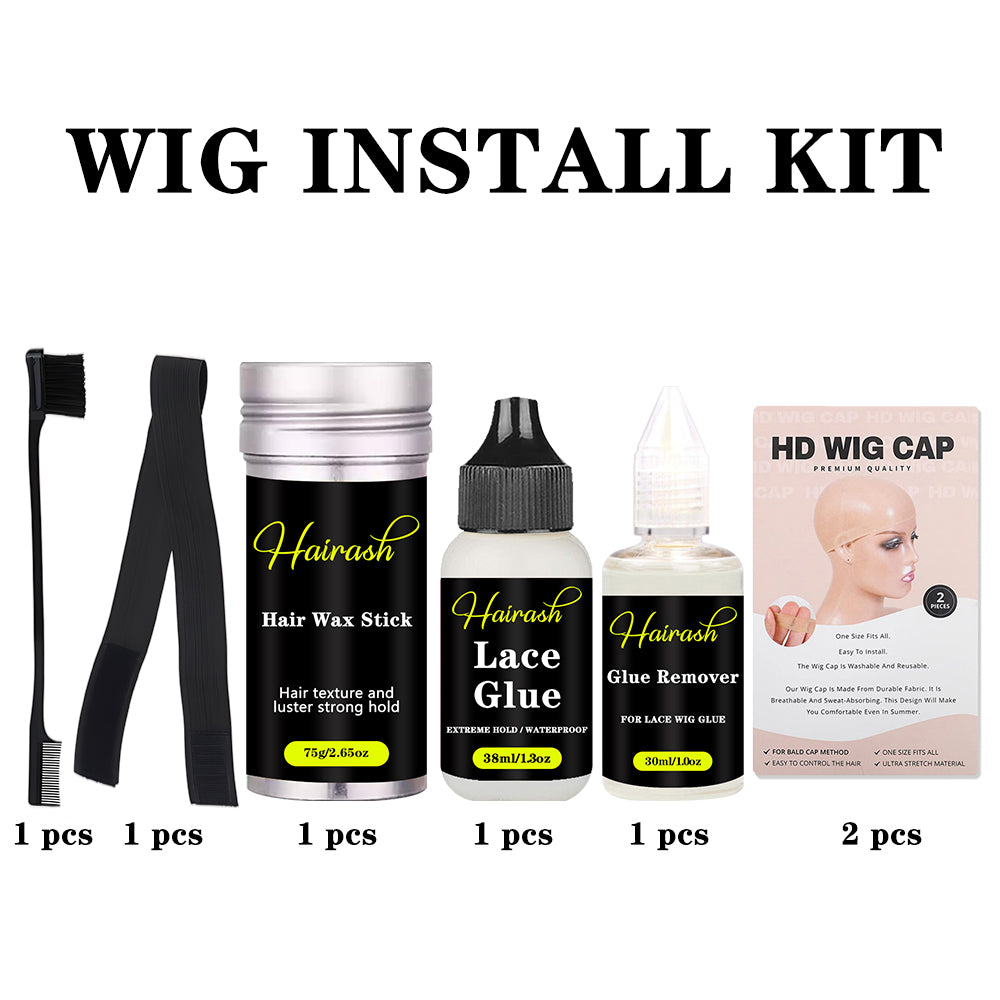 Hair wax stick + Lace Glue + Glue Remover + HD Wig Cap + Melt Bands + Hair Brushes Wig Install Kit