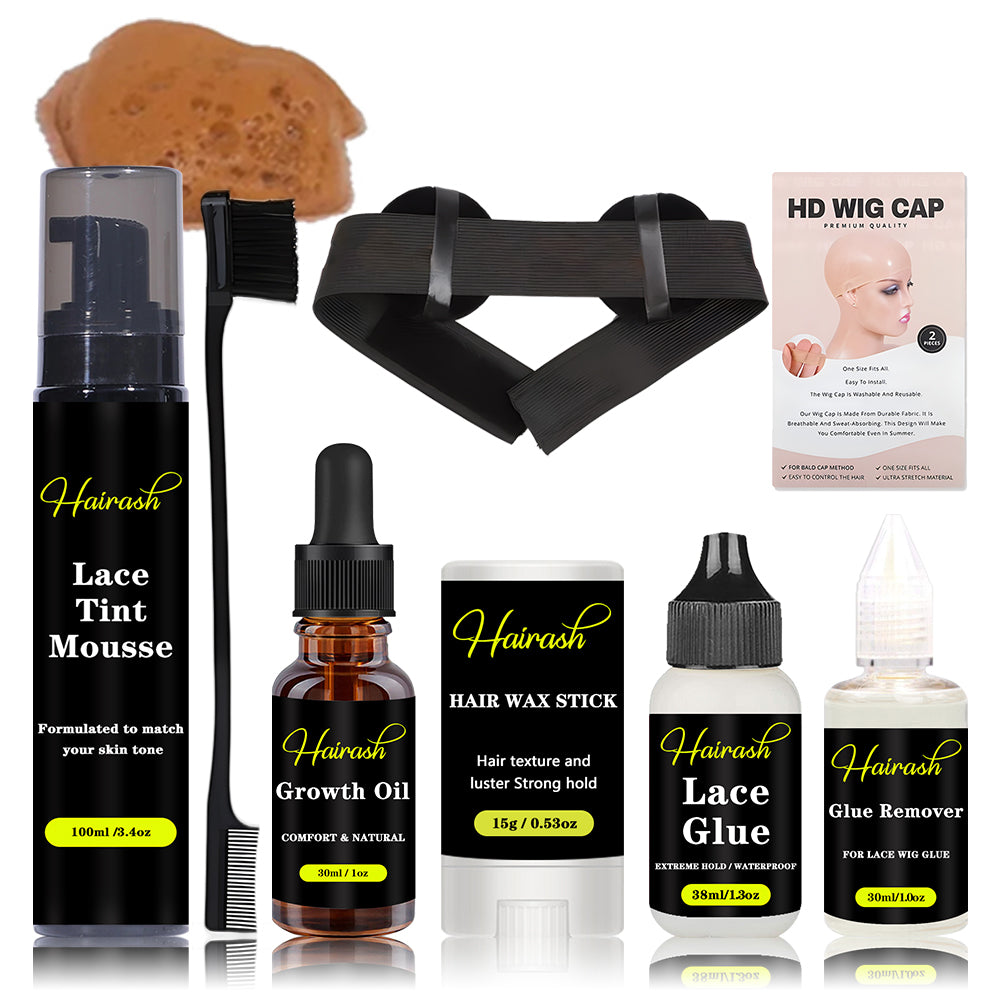 Lace Tint Mousse  Hair Growth Oil 15g Wax Stick + Lace Glue Waterproof +Glue Remover + Melt Bands With Ear Cover+ Hair Brushes + HD Wig Cap Wig Install Kit