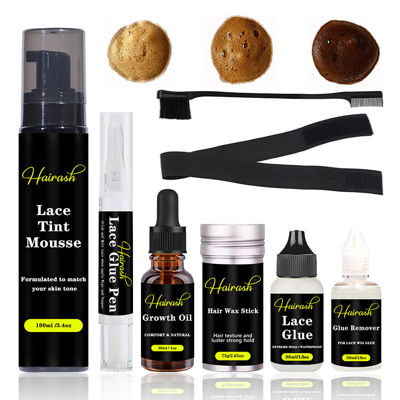 Lace Tint Mousse + Lace Glue Pen + Hair Growth Oil + Wax Stick + Lace Glue Waterproof + Glue Remover + Melt Bands + Hair Brushes Wig Install Kit