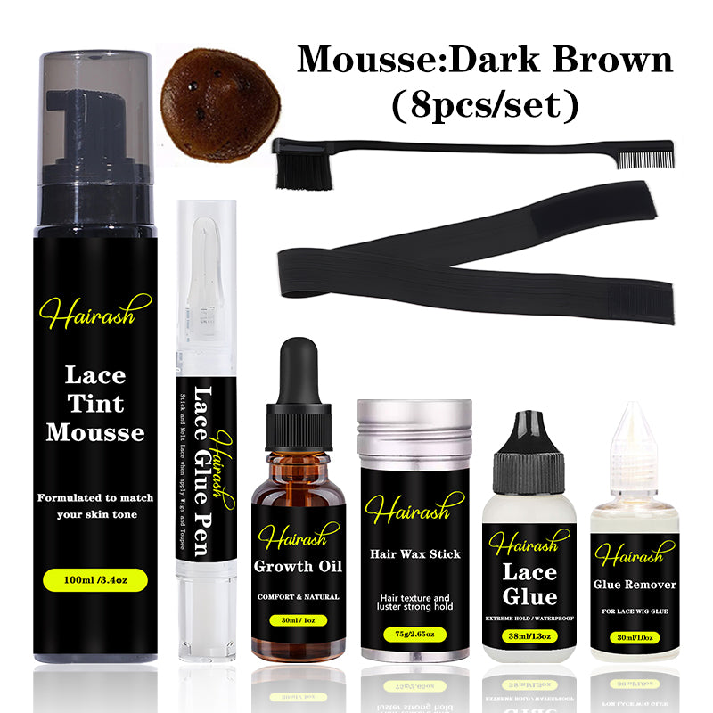 Lace Tint Mousse + Lace Glue Pen + Hair Growth Oil + Wax Stick + Lace Glue Waterproof + Glue Remover + Melt Bands + Hair Brushes Wig Install Kit