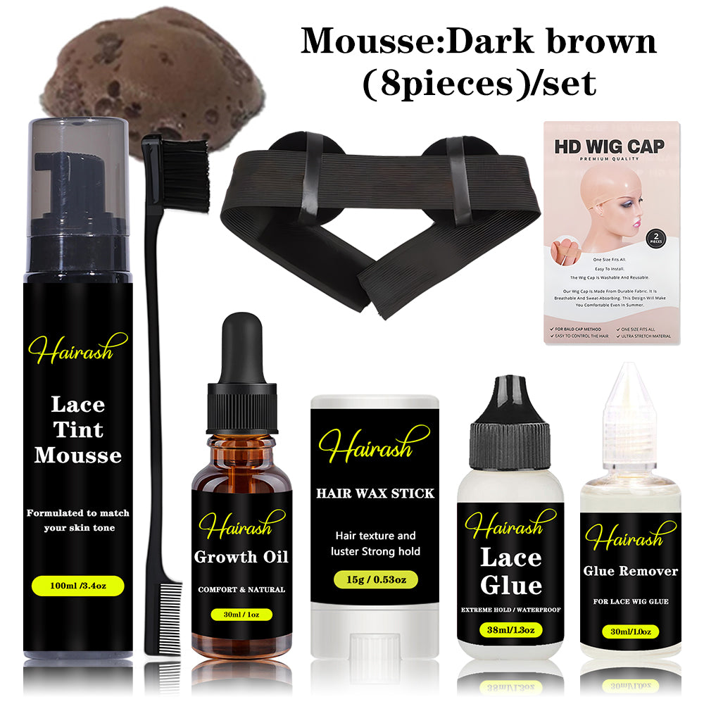 Lace Tint Mousse  Hair Growth Oil 15g Wax Stick + Lace Glue Waterproof +Glue Remover + Melt Bands With Ear Cover+ Hair Brushes + HD Wig Cap Wig Install Kit