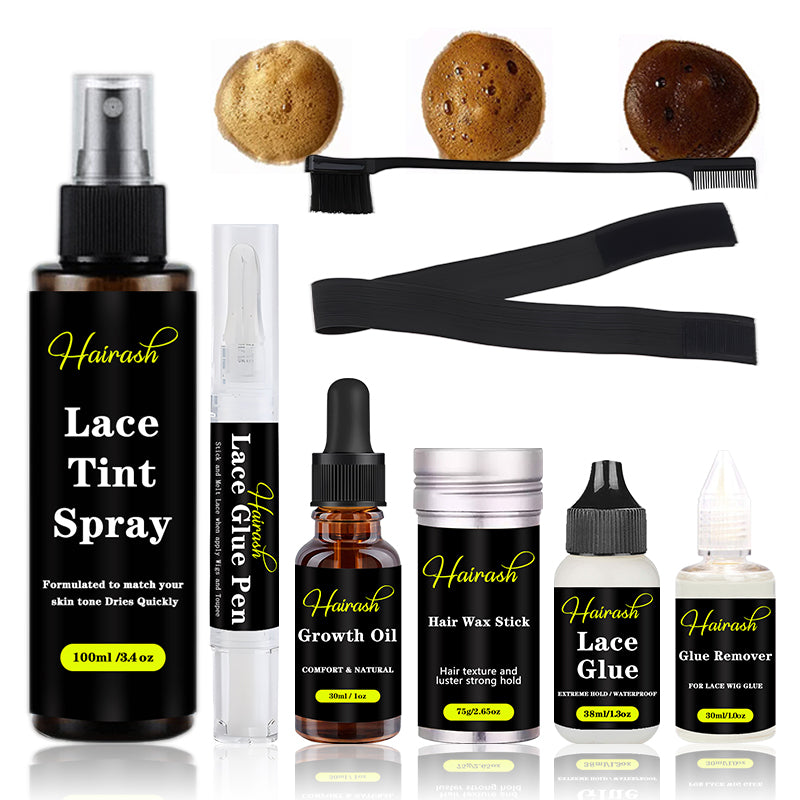 Lace Tint Spray + Lace Glue Pen + Hair Growth Oil + Wax Stick + Lace Glue Waterproof +Glue Remover + Melt Bands + Hair Brushes Wig Install Kit