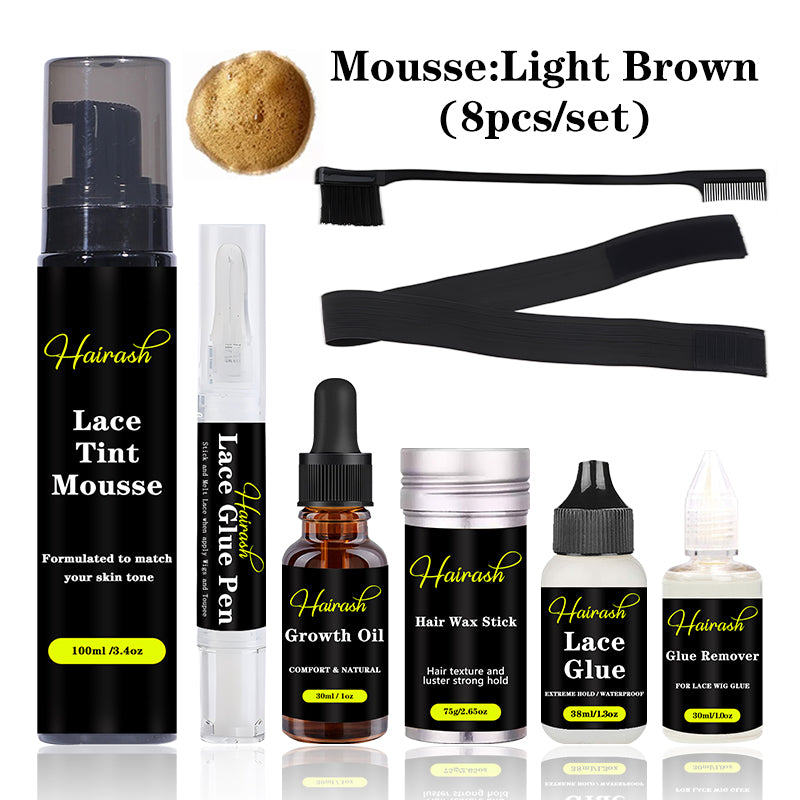 Lace Tint Mousse + Lace Glue Pen + Hair Growth Oil + Wax Stick + Lace Glue Waterproof + Glue Remover + Melt Bands + Hair Brushes Wig Install Kit