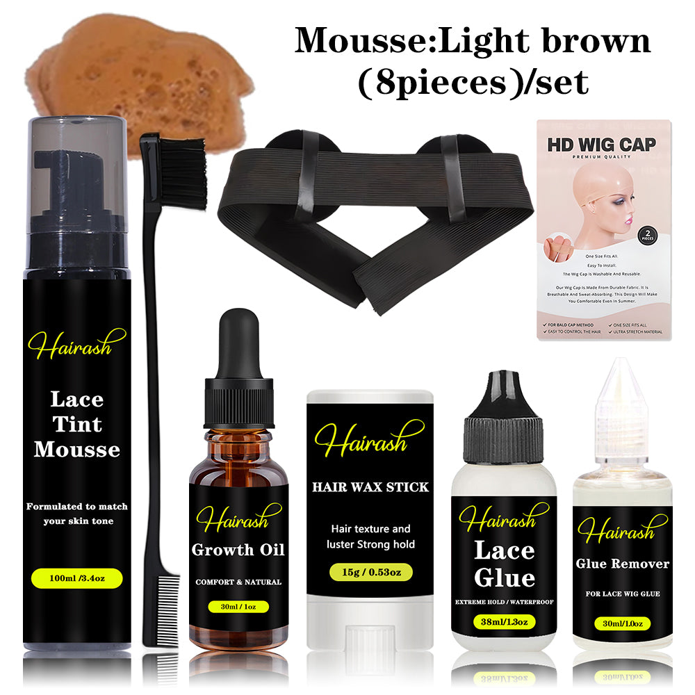 Lace Tint Mousse  Hair Growth Oil 15g Wax Stick + Lace Glue Waterproof +Glue Remover + Melt Bands With Ear Cover+ Hair Brushes + HD Wig Cap Wig Install Kit