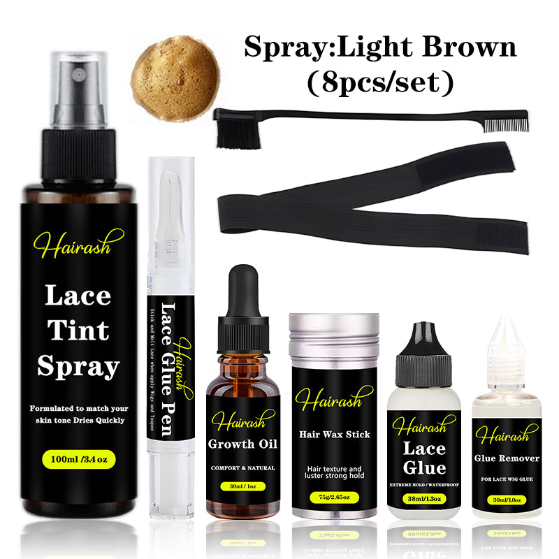 Lace Tint Spray + Lace Glue Pen + Hair Growth Oil + Wax Stick + Lace Glue Waterproof +Glue Remover + Melt Bands + Hair Brushes Wig Install Kit