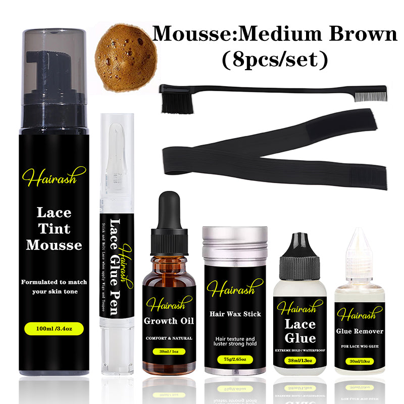 Lace Tint Mousse + Lace Glue Pen + Hair Growth Oil + Wax Stick + Lace Glue Waterproof + Glue Remover + Melt Bands + Hair Brushes Wig Install Kit