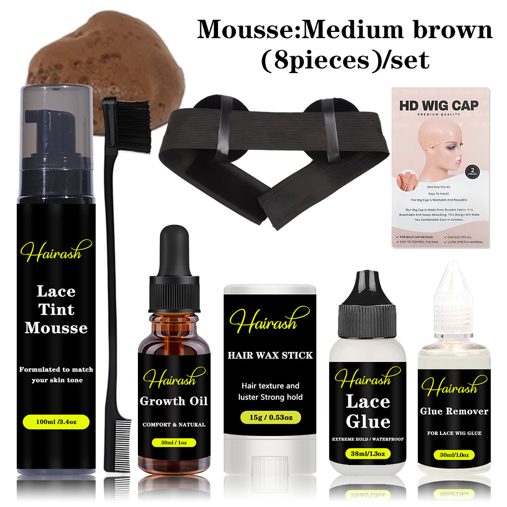 Lace Tint Mousse  Hair Growth Oil 15g Wax Stick + Lace Glue Waterproof +Glue Remover + Melt Bands With Ear Cover+ Hair Brushes + HD Wig Cap Wig Install Kit