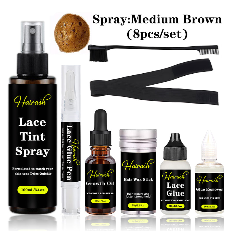 Lace Tint Spray + Lace Glue Pen + Hair Growth Oil + Wax Stick + Lace Glue Waterproof +Glue Remover + Melt Bands + Hair Brushes Wig Install Kit